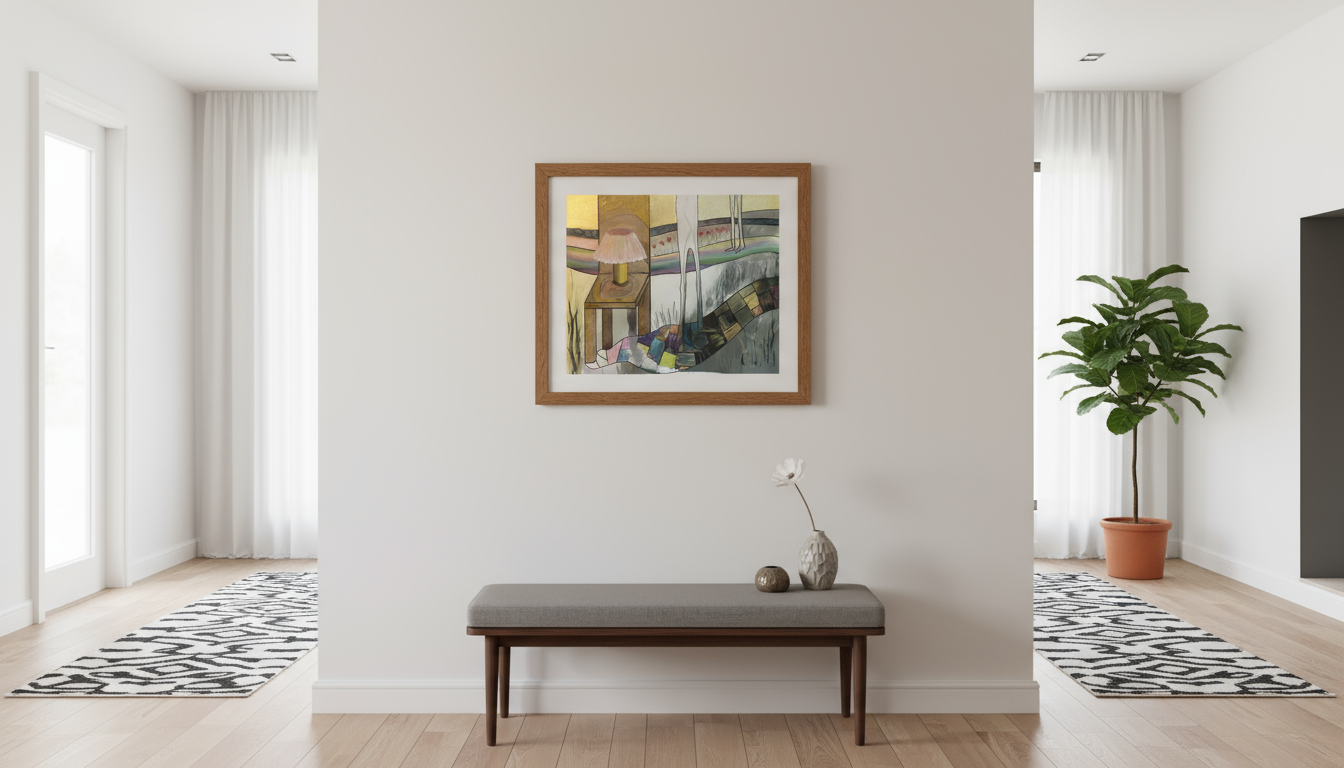 Modern living room with a bench, framed artwork, and a plant.